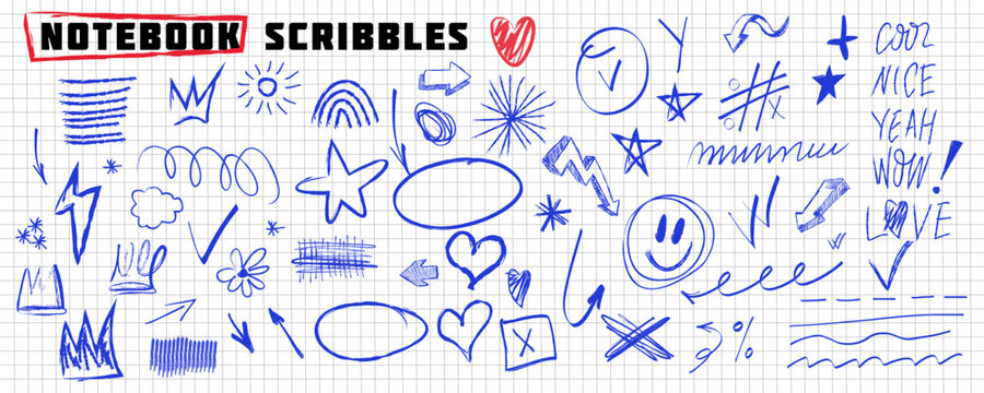 Hand-drawn scribbles on a notebook page featuring sketches, marks, and spontaneous writing. Artistic creativity, planning, and brainstorming concept.