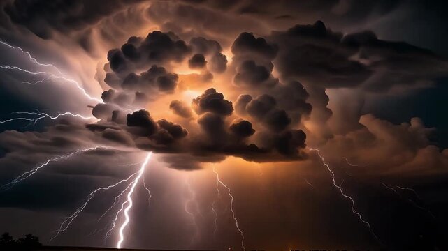 Dramatic thunderstorm with multiple lightning bolts striking under dark thunderclouds at night