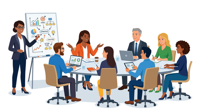 Diverse business team collaborating around a conference table with a presenter standing by a whiteboard in a modern office setting with a professional mood.