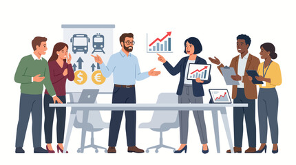 Obraz premium Diverse group of business professionals collaborating around a conference table with laptops and graphs in a modern office setting with a productive mood.
