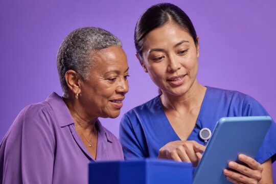 Purple studio portrait of two healthcare professionals in blue and violet scrubs using a tablet