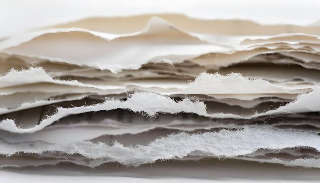Ultra-high resolution closeup photographic stock image of multiple stacked sheets of heavy white paper torn roughly at different deckle edge layers