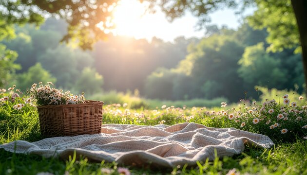 Peaceful forest clearing picnic setup with a soft woven blanket and wicker basket filled with wild daisy flowers under warm sunlight