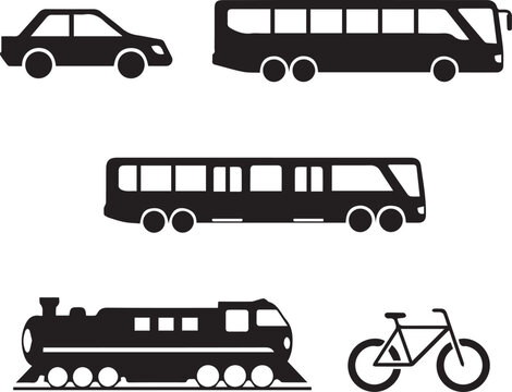 Public transportation and city vehicle black silhouette icons set