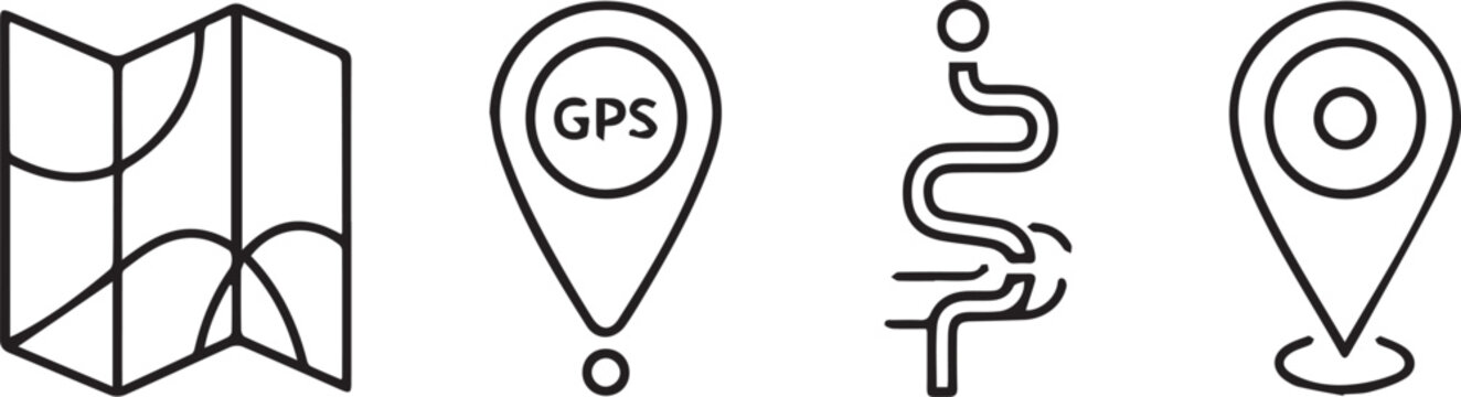Map and GPS Location Pin Icon Set, Minimalist Navigation and Route Line Art Icons