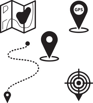 Map and Location Pin Icon Set - GPS Navigation, Route Pointer, and Target Symbols