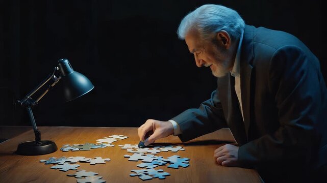 Mature businessman solving a jigsaw puzzle at a desk, symbolizing problem-solving, strategy, intelligence, and the journey of connection.