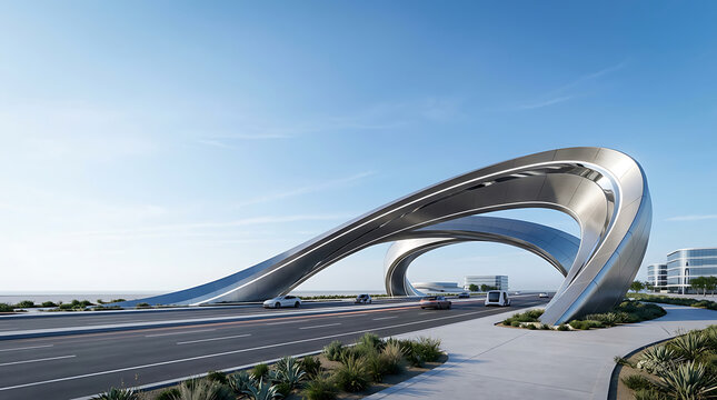 Modern silver highway overpass with arches and cars driving underneath on a sunny day