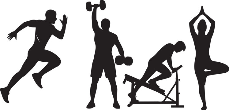 Fitness and Gym Workout Silhouette Set - Running, Weightlifting, Bench Exercises, and Yoga Tree Pose