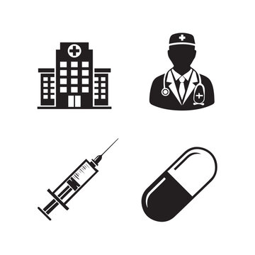 Medical and Healthcare Black Silhouette Icon Set with Hospital, Doctor, Syringe, and Capsule Pill