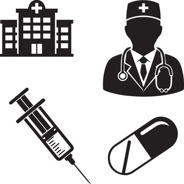 Medical Icon Set with Doctor, Hospital Building, Syringe, and Pill Capsule (Black Silhouette Vectors)