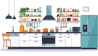 Fototapeta premium Modern Kitchen Refrigerator and Cabinets.