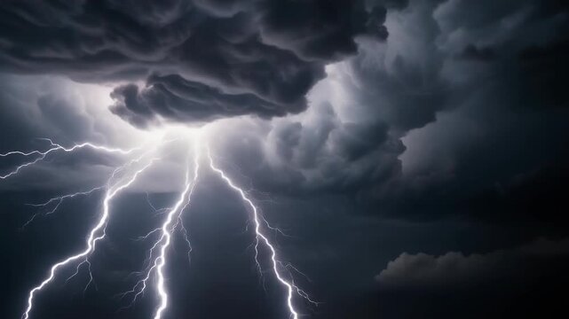 Powerful lightning storm with dark dramatic clouds in the night sky illuminating nature's intensity