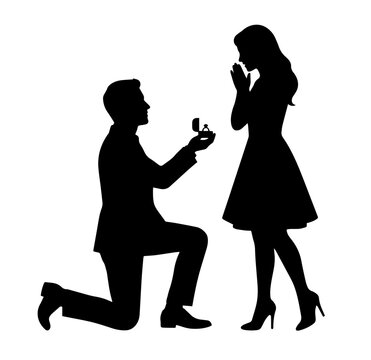 Man kneeling proposing to woman with ring black silhouette vector