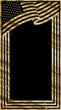 Luxurious animated gold frame with a waving American flag and sparkling stars, designed as a broadcast overlay for patriotic events, political content, and national holiday presentations. 2 in 1.