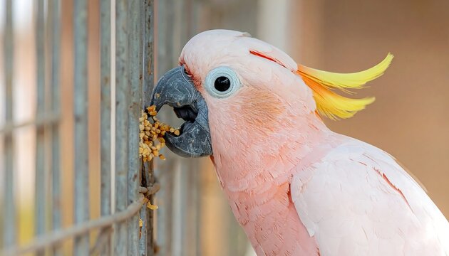 A close-up of a pink parrot eating seeds from a cage
