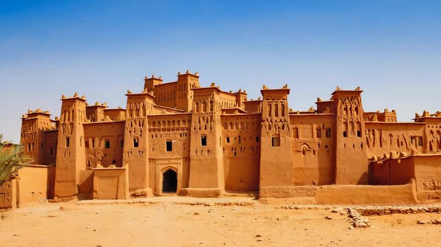 Monumental traditional Kasbah architecture in Morocco, showcasing the imposing history and earthen structures of a North African desert city under a clear blue sky