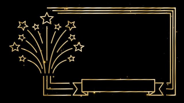 Elegant gold celebration frame with stylized fireworks and ribbon banner, suitable for festive titles, award announcements, and ceremonial video graphics
