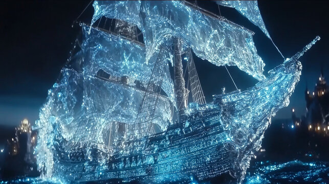 Liquid metal ship enchanted wood glowing sail fantasy night magical ocean blue light mystical surreal adventure dreamlike vessel. glowing liquid metal ship with enchanted wood sails glides across