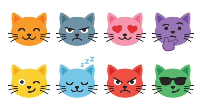 Cat Face Icons With Diverse Expressions Flat Vector Illustration