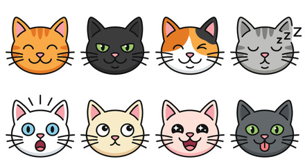 Fototapeta premium Collection Of Eight Cartoon Cat Faces Colorful Vector Illustration