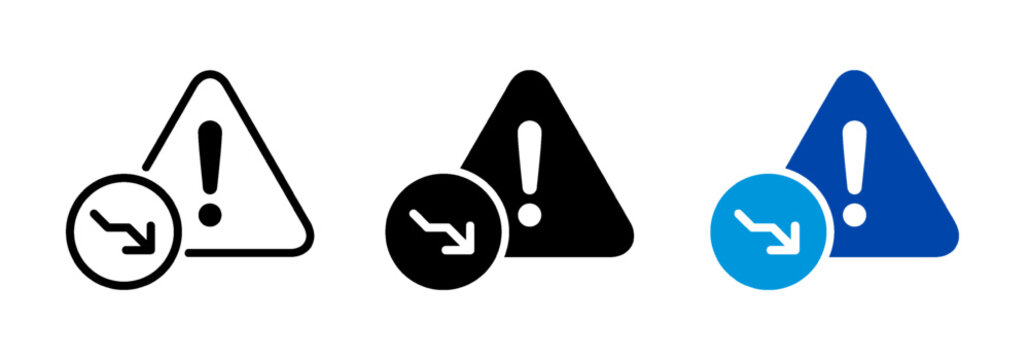 Warning triangle with down arrow trend, decline in potential, security threat, risk reduction strategy