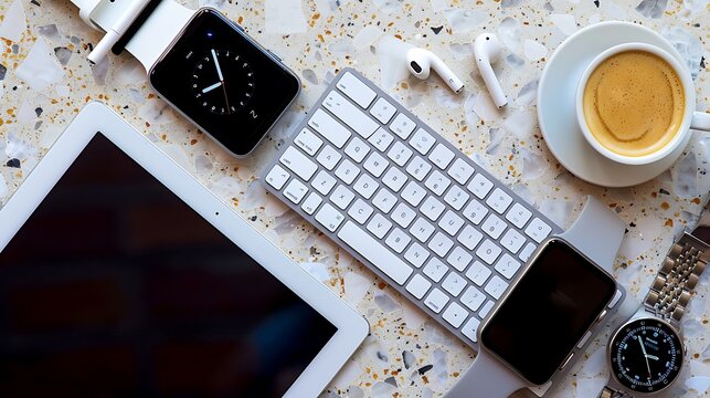 Stylish tech flat lay with wireless devices and coffee