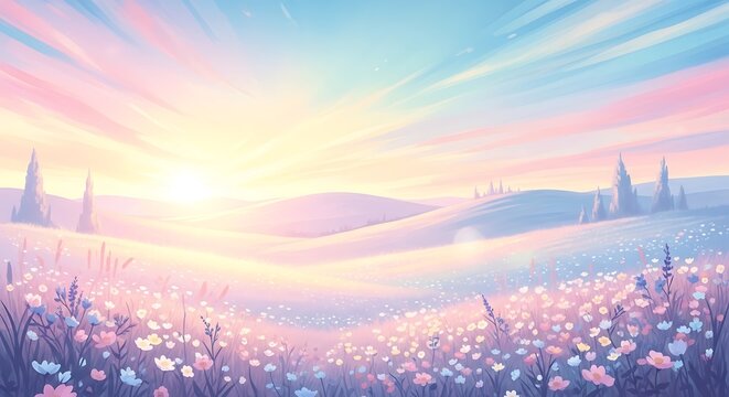 Beautiful sunrise over a field flowers.