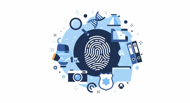 Forensic Science and Biometric Security Concept Illustration Featuring Fingerprint Scan, DNA Helix, Police Badge, and Evidence Collection Icons