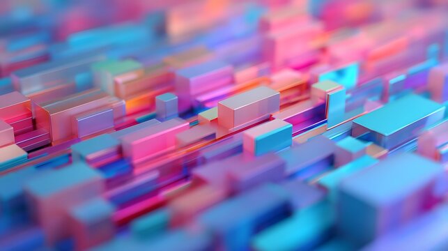 Abstract futuristic cityscape with vibrant, reflective, multi-colored rectangular blocks arranged in a grid pattern.