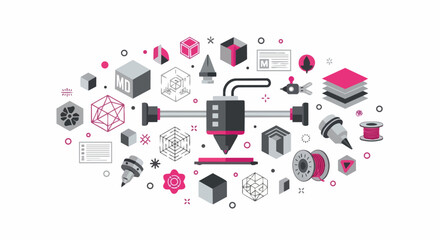 Fototapeta na wymiar Modern 3D Printing and Additive Manufacturing Concept Illustration featuring Nozzle, Filament, Geometric Shapes, and Technical Icons for Digital Fabrication