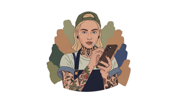 Woman with tattoos looks shocked at her phone in studio