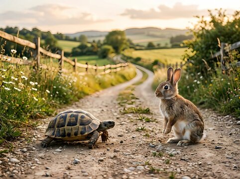 Cute Rabbit and Tortoise Facing Each Other on Road &ndash; Slow vs Quick Concept