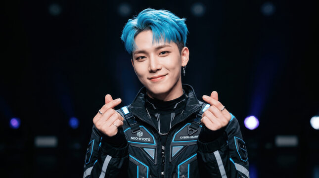 Smiling Young Asian Man with Blue Hair Making Finger Hearts in Cyberpunk Tactical Jacket