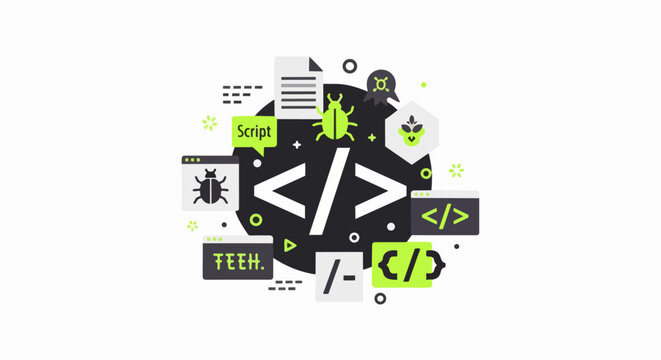 Software Development and Programming Illustration, Coding Concept with Brackets, Bug Icon for Debugging, and Script Windows, Flat Vector Design for IT and Tech