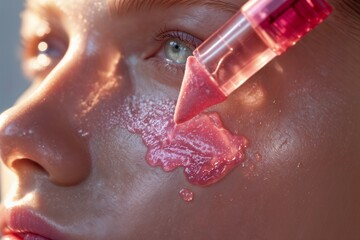 Fototapeta premium Close up of a female model face while applying a shimmery pink jelly blush stick onto her cheek. Radiant glowing skin and modern beauty trend concept.