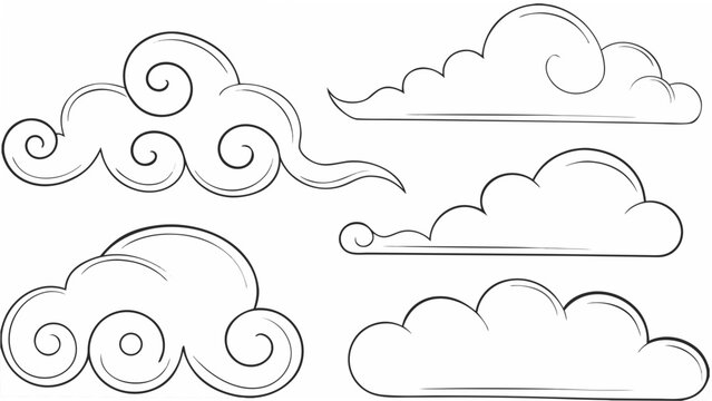 Variety of cloud shapes rendered as line art with a white background and simple outlines clouds
