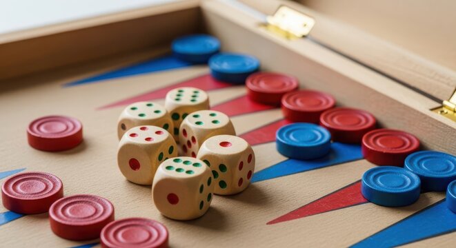 Closeup of wooden dice and colorful checkers on a backgammon board strategic board game concept with wooden pieces and dice on a classic game board surface