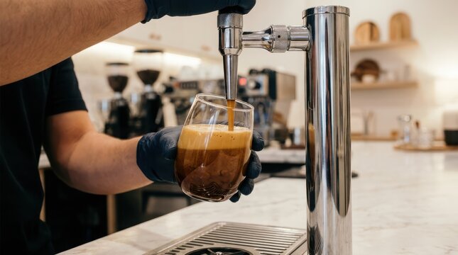 Closeup of a barista wearing black gloves pouring nitro cold brew coffee from a tap into a glass at a coffee shop counter