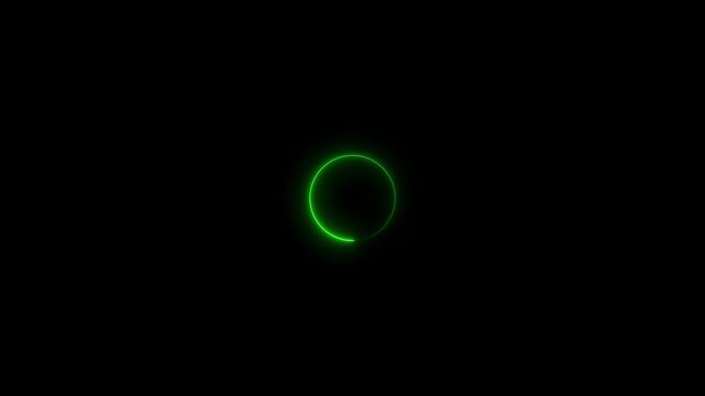 Abstract glowing green circular loading icon animation a minimalist neon circle pulsating against a solid black background circle neon motion technology interface