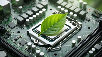 Fototapeta premium Green leaf on computer CPU and motherboard