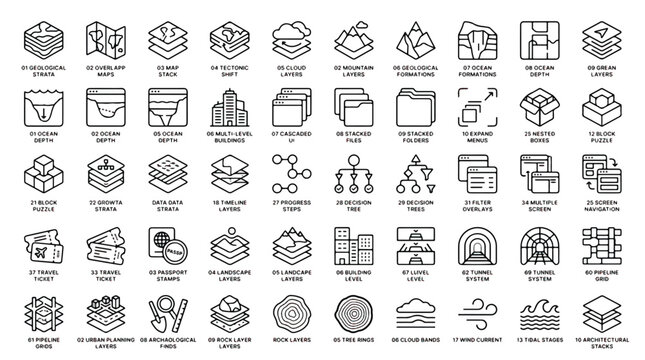 A collection of 40 icons representing various geological and architectural layers, including strata, formations, and structures