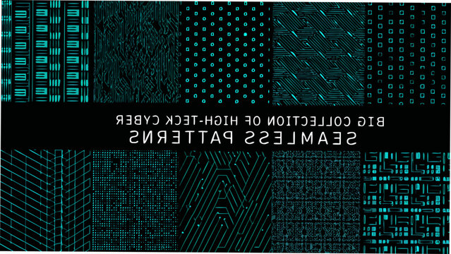 Neon geometric patterns collection a dark background displaying twelve repeating tech inspired designs abstract algorithmic arrangement