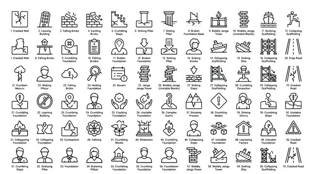 Collection of black and white line icons depicting various structural issues and foundation problems