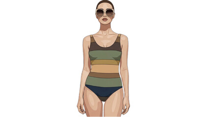 Woman wearing sunglasses and colorful swimsuit stands confidently outdoors © Stock Image Paradise