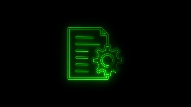 Green neon document with gear icon glowing animation a digital featuring a symbol, stylized with a light effect against a black background business settings configuration technology interface