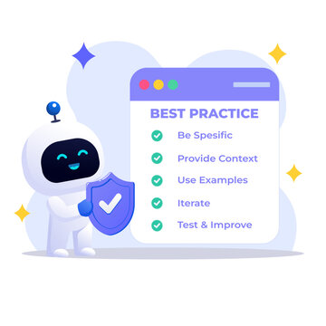AAI Prompt Engineering Best Practices Checklist with Robot Assistant and Optimization Guide Illustration