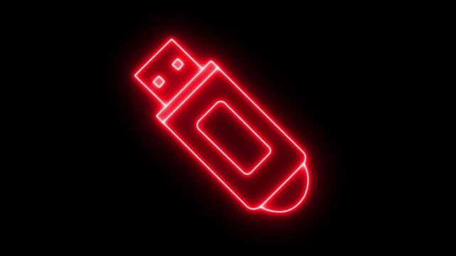 Neon red usb flash drive animation, digital data storage concept glowing