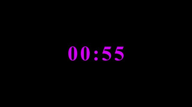 Digital timer display showing thirty seconds countdown in magenta a digital display shown in text against a deep black background, marking a specific time point