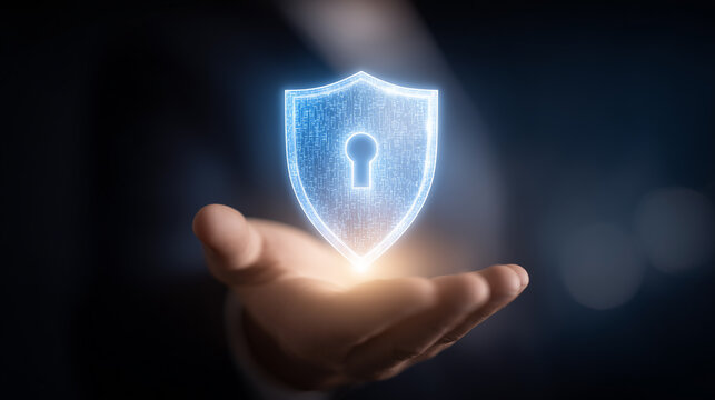 A hand holding a digital security shield with a keyhole, representing cyber protection, privacy, data safety, and secure technology systems.
